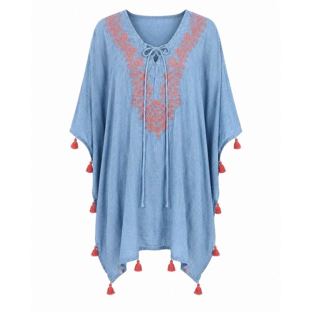 Fig Vine Embroidered Tassel‎ cover up Plus Size 1X Cotton Boho beach Resortwear